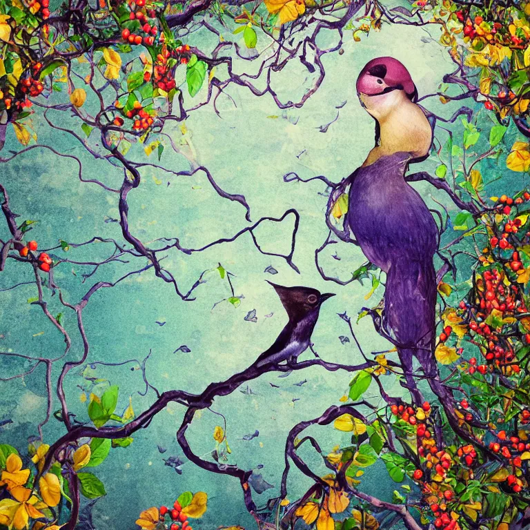 Image similar to human with the sea and the forest inside, veins diverge through the body like rivers filmed on a satellite, a person is decorated with wild berries, a beautiful bird is looking at him next, colorful picture