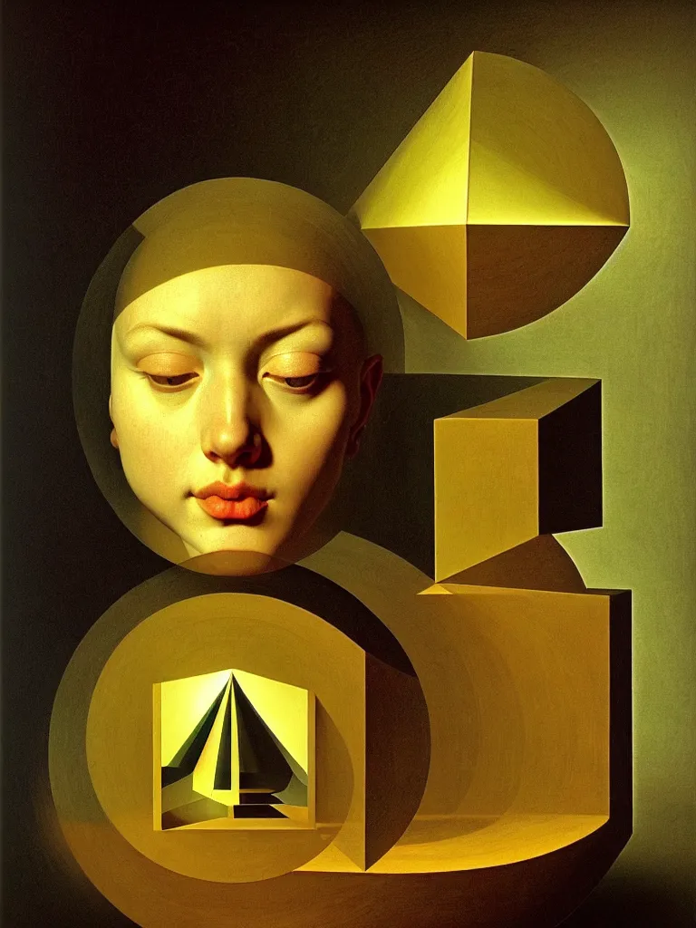 Image similar to hyperrealistic still life portrait of a mind exploding inside of a serene temple, beautiful plans, sacred geometry, light refracting through prisms in a tesseract, by caravaggio, botanical print, surrealism, vivid colors, serene, golden ratio, rule of thirds, negative space, minimalist composition