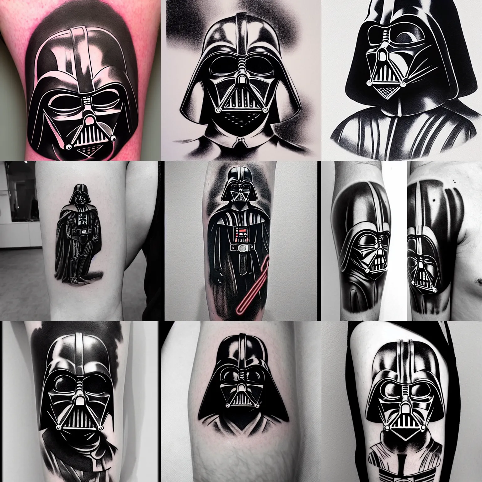 Prompt: darth vader tattoo design, black ink, white background, beksinski, masanori warugai