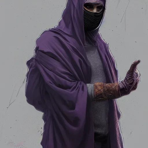 Image similar to ultra realistic illustration, man in a black hood, in a striped purple balaclava, mysterious, highly detailed, digital painting, artstation, concept art, smooth, sharp focus, illustration, art by artgerm and greg rutkowski and alphonse mucha