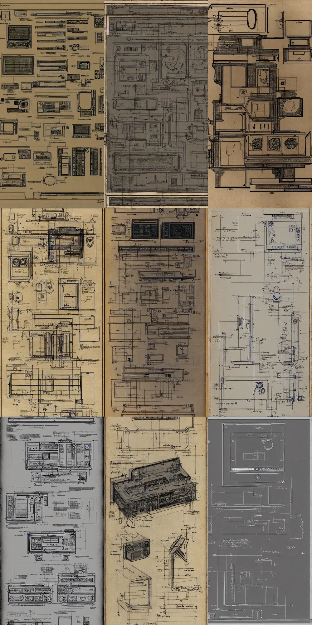 Prompt: blueprint of a laptop gaming computer on parchemin by leonardo da vinci