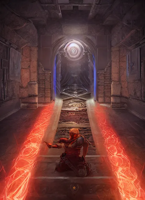 Image similar to An epic fantasy comic book style painting of a laser Shipibo textile doorway to eternity, unreal 5, DAZ, hyperrealistic, octane render, dynamic lighting