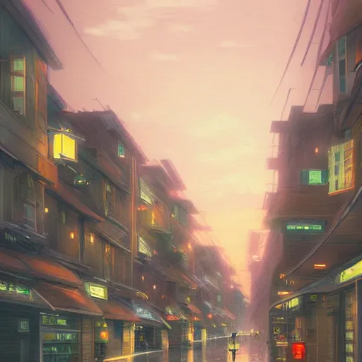 Prompt: beautiful anime scenery, city street at dusk, rainy day. by makoto shinkai