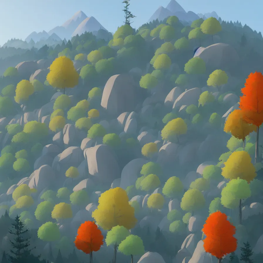 Image similar to goro fujita ilustration distant view of a mountain which is surrounded by a road up the slope. by the roadside are tall autumn trees, painting by goro fujita, sharp focus, highly detailed, artstation