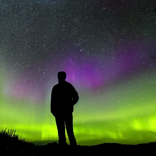 Prompt: 4K Epic Ultra HD detailed award-winning wallpaper silhouette of lonely man holding a bright flashlight looking at huge vast sky universe Milky Way aurora