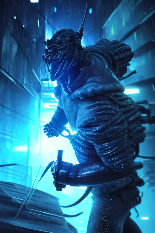 Image similar to high quality 3 d render sci - fi! samurai hybrid fighting, highly detailed, unreal engine cinematic smooth, in the style of blade runner, hannah yata charlie immer, dark blue neon light, low angle, uhd 8 k, sharp focus