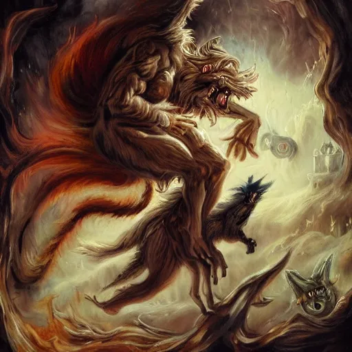 Image similar to A epic and beautiful rococo painting of a Werewolf using a burning laboratory. Castlevania style.