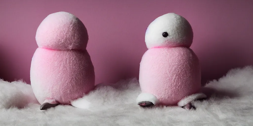 Image similar to realistic penguin sitting in an pink fluffy bed