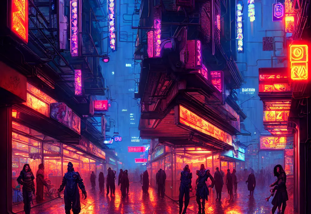 Prompt: a highly detailed bazaar street in the cyberpunk megacity of new washington, amazing cyberpunk digital painting, by gerald brom, brom digital art, intricate details, ultra realistic, beautiful art, volumetric lighting, ultra realistic, by art germ, by brom, trending cgsociety, artstation, rim lighting, cool neon lights, crowded, 8 k