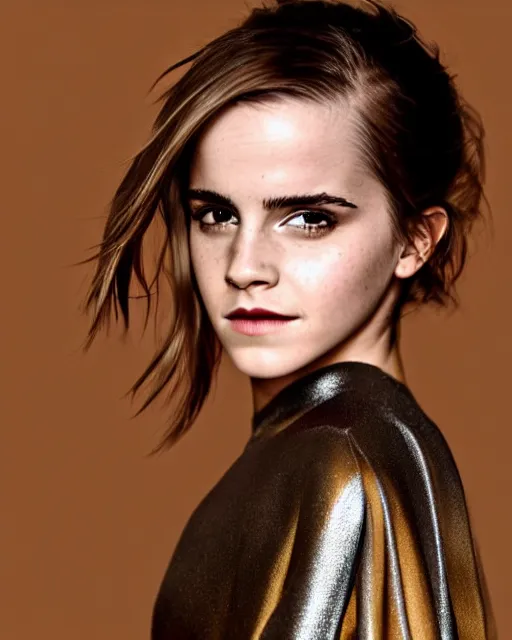 Prompt: emma watson wearing a futuristic metal kimono, half body portrait, greg kutkowski, sharp details, subsurface scattering, shiny skin, warm lighting