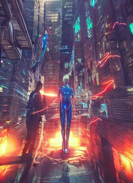 Image similar to cyberpunk spiderman robot ninja illumination ray tracing hdr fanart arstation by sung choi and eric pfeiffer and gabriel garza and casper konefal, potrait, cinematic,