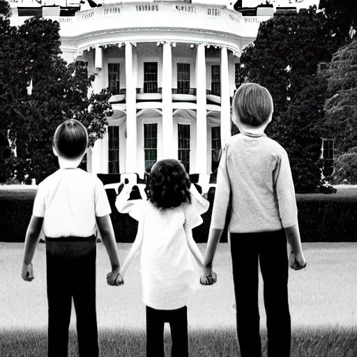 Image similar to one girl and three boys, they are siblings, the wall of a white house is in the beackground