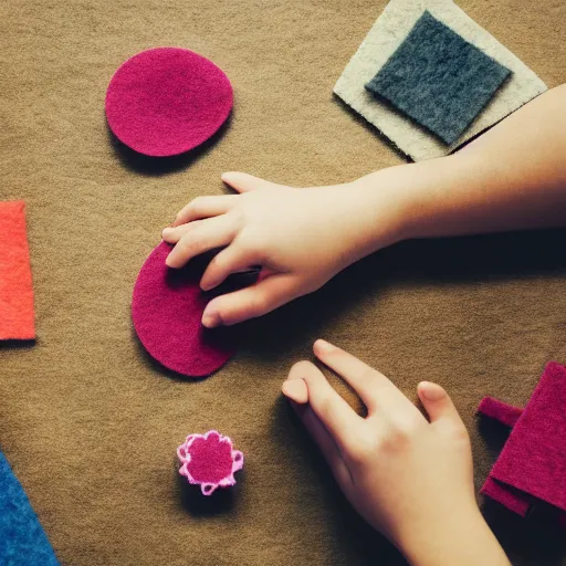 Image similar to a person crafting a school out of felt, photography, table, pov,