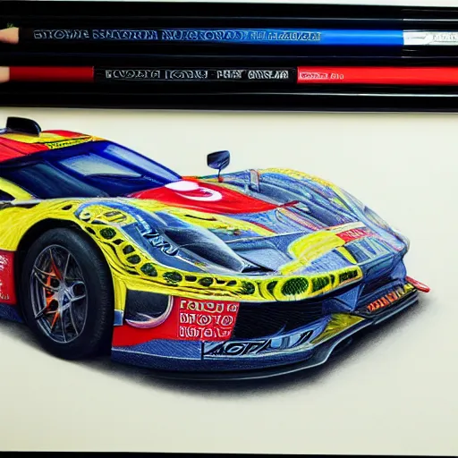 Image similar to intricate five star sports car racing by monica lee, colored pencil on paper, high detail, skin texture, photo realistic, hyperrealism, matte finish, high contrast, 3 d depth, masterpiece, vivid colors, artstationhd