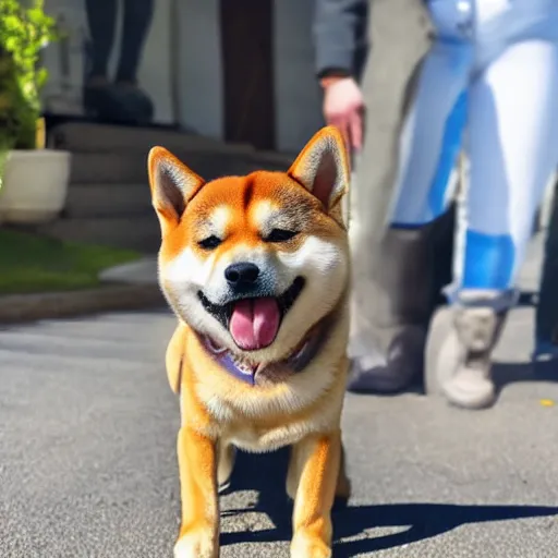 Prompt: a shiba-inu dog wearing blue pants