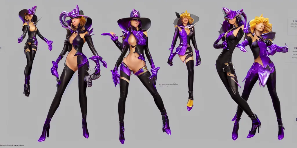 Image similar to character sheet of beautiful KDA More LeBlanc (wild rift). 3d render, octane render, realistic, highly detailed, trending on artstation, 4k, trending on artstation, pixar, cgsociety, unreal engine 5, redshift render, trending on artstation, blender, behance, cg