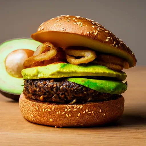 Image similar to juicy vegan hamburger topped with avocado onion and a vegan fried egg, crispy buns, 8 k resolution, food photography, studio lighting, sharp focus, hyper - detailed