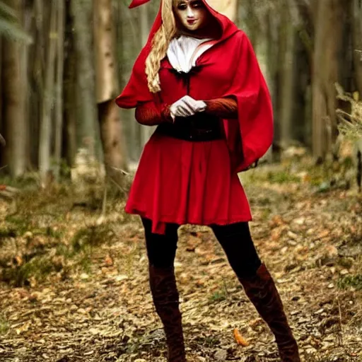 Image similar to full body photo of red riding hood as a werewolf hunter