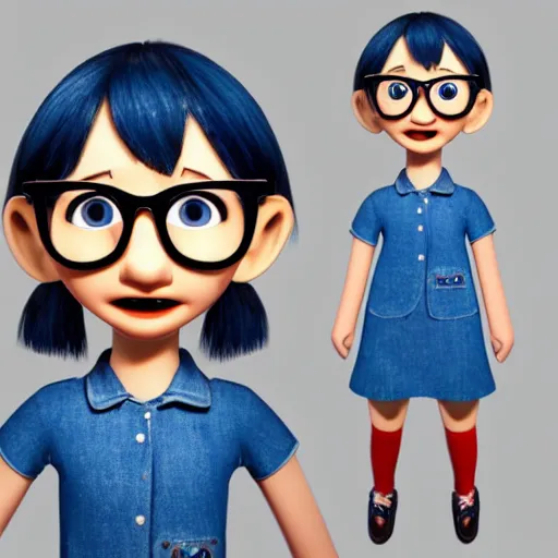 Prompt: aardman character design, 1 0 year old girl, short blue hair and glasses, no mouth, eyes magnified, denim overhauls, 3 d turntable, global illumination,