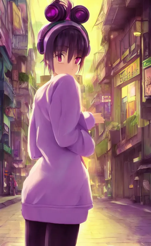 Image similar to anime girl with pink ponytail, wearing purple headphones, wearing a green sweater, with a smile on her face and her eyes closed, walking down a street, dynamic lighting, photorealistic fantasy concept art, trending on art station, very detailed, anime concept art, stunning visuals, creative, cinematic, ultra detailed