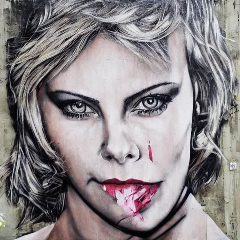 Prompt: Street-art portrait of Charlize Theron in style of Banksy, photorealism