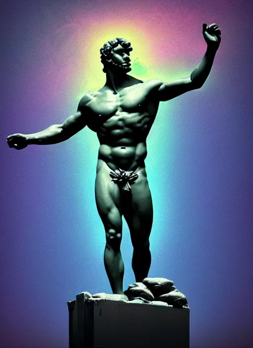 Image similar to statue of hercules, beeple, vaporwave, retrowave, tonal separation, black background, neon, black, glitch, pixel sorting, strong contrast, pinterest, trending on artstation