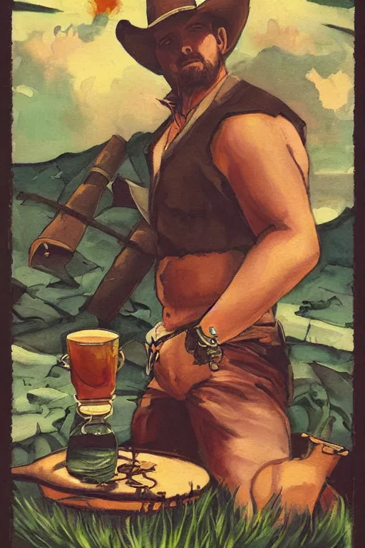 Prompt: a dramatic, ethereal painting of a handsome thicc mischievous cowboy smirking with an open shirt sitting behind a campfire at night with food and jugs of whisky | tarot!! card, art deco, art nouveau | by Mark Maggiori | trending on artstation