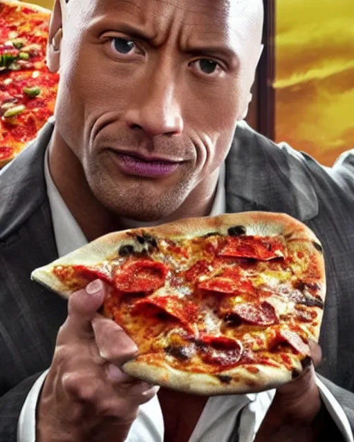 Image similar to dwayne johnson as beetlejuice eating pizza