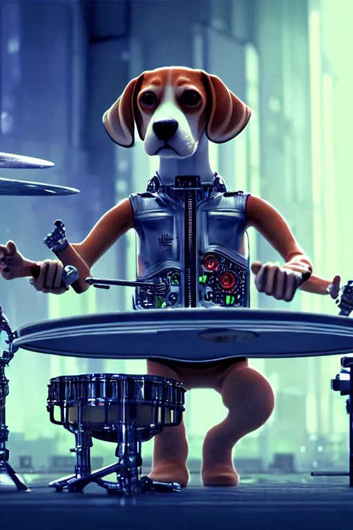 Image similar to high quality 3 d render very cute cyborg beagle plays drums!, cyberpunk highly detailed, unreal engine cinematic smooth, in the style of blade runner & pixar, hannah yata charlie immer, moody light, low angle, uhd 8 k, sharp focus