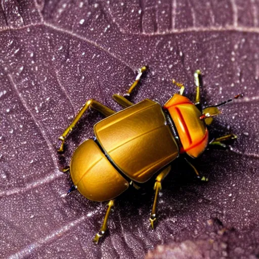 Prompt: a robot beetle drinking from a water drop on z leave, macro