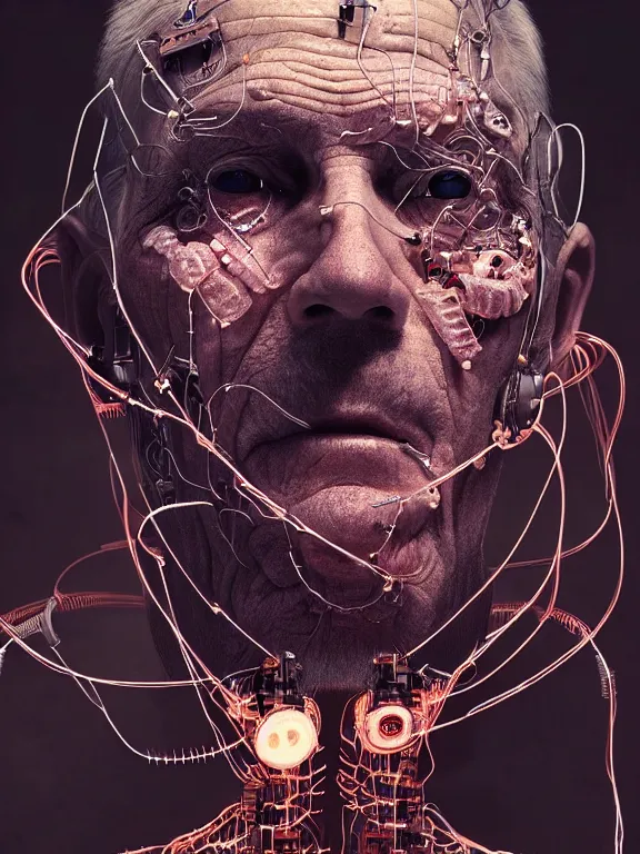 Image similar to portrait of old man, skin peeling to reveal robotic circuitry, wires, art by ryo shiotani and greg rutkowski, intricate, beautiful, portrait photography, cinematic lighting, vintage art by serge ivanoff, high resolution, very detailed