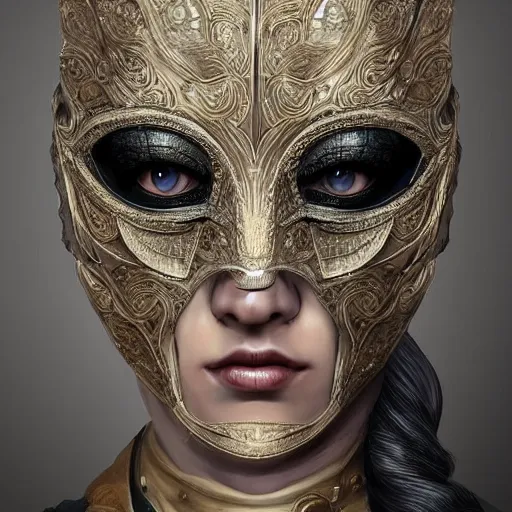 Image similar to Very very very very highly detailed epic photo of face with venetian mask, intricate, dystopian, sci-fi, extremely detailed, digital painting, artstation, concept art, smooth, sharp focus, illustration, intimidating lighting, incredible art by Artgerm