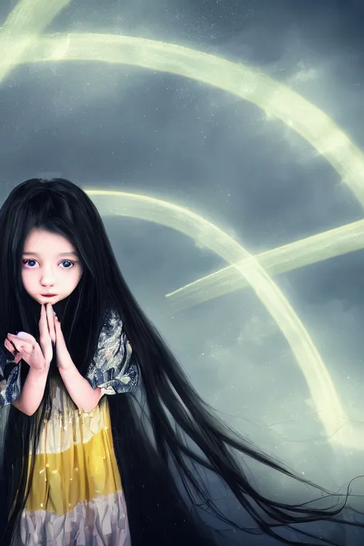 Image similar to a young girl with long black hair and chequered!! robe!! is watching a storm inside a symmetrical fantasy crystal. atmospheric, eyes are shining, 4 k, highly detailed. surrounded by golden rays of light