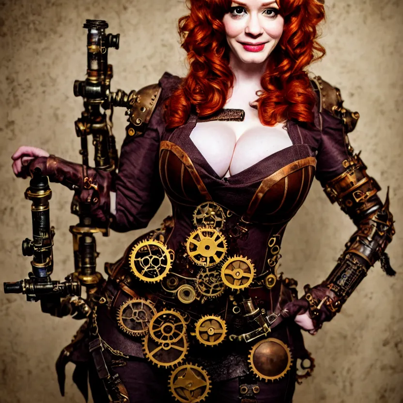 Image similar to full body photograph of christina hendricks as a steampunk warrior, extremely detailed. dslr. 8 5 mm.