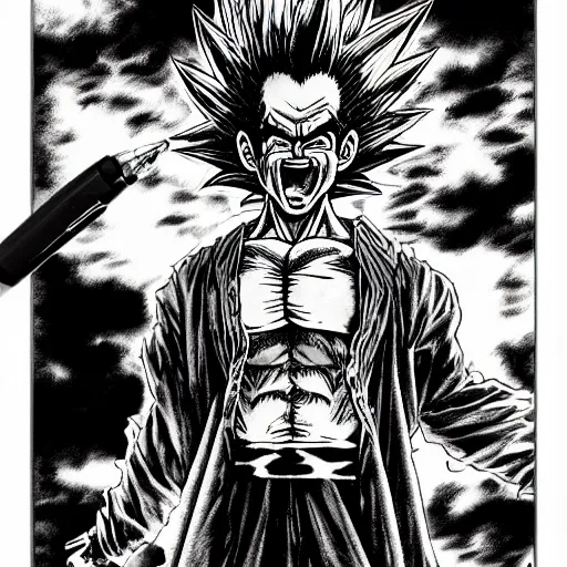 Image similar to Super Saiyan Frank Zappa manga panel award winning black and white art by Frank Zappa and Kim Jung Gi pen highly detailed pen and ink matte painting