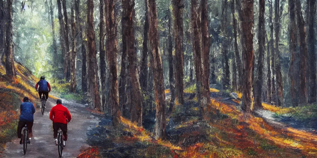 Prompt: Exact two men biking alone up a steep forest hill. One with a deep dark blue sweater and the other with a wine red sweater. sweaty. Oil painting. Emotional. Trending on artstation. Steep. Nordic Trees. Rustic. Artistic.