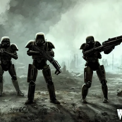 Prompt: three enclave soldiers standing in the foreground, half - life combine, fallout enclave armor, wolfenstein, killzone, deathtrooper, huge spaceship
