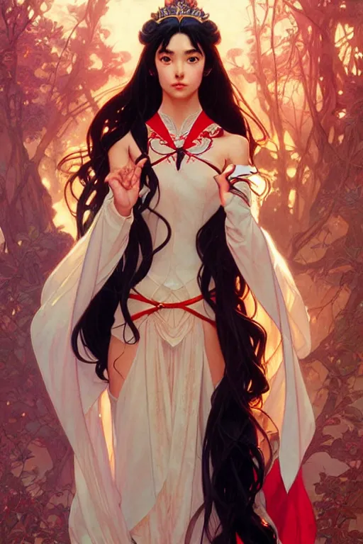 Image similar to rei hino as a princess, fantasy, intricate, elegant, highly detailed, digital painting, artstation, concept art, matte, sharp focus, illustration, art by artgerm and greg rutkowski and alphonse mucha