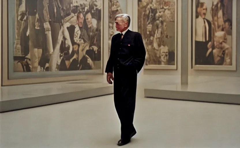 Image similar to 50s movie still close-up portrait of an elder soviet general walking in an empty museum, by David Bailey, Cinestill 800t 50mm eastmancolor, heavy grainy picture, very detailed, low quality, 4k, HD criterion, precise texture and facial expression