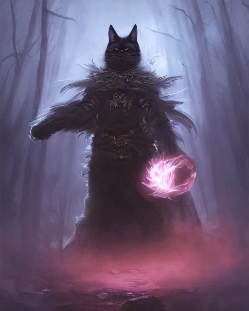 Image similar to Cat Archmage summoning shadows and fog, dark fur, glowing eyes, magic the gathering artwork, D&D, fantasy, cinematic lighting, centered, symmetrical, highly detailed, digital painting, artstation, concept art, smooth, sharp focus, illustration, volumetric lighting, epic Composition, 8k, art by Akihiko Yoshida and Greg Rutkowski and Craig Mullins, oil painting, cgsociety