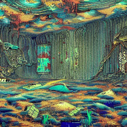 Prompt: weirdcore landscape wallpaper in a 90’s pc in an abandoned room