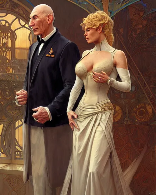 Image similar to Portrait of Jean Luc Picard marrying Jodie Marsh, real life skin, intricate, elegant, highly detailed, artstation, concept art, smooth, sharp focus, art by artgerm and greg rutkowski and alphonse mucha