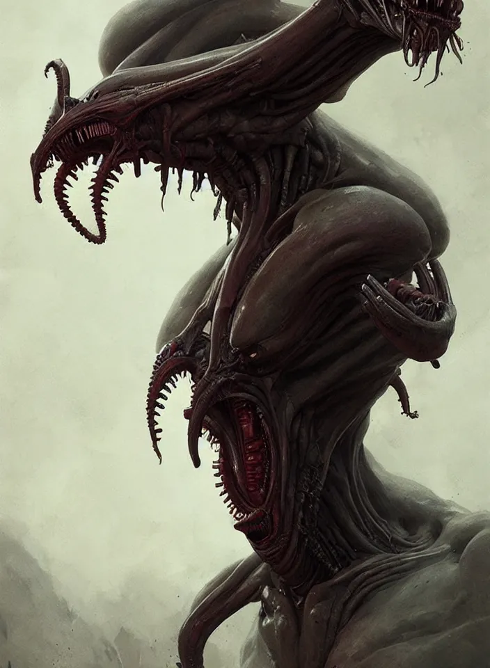 Image similar to a body portrait of a creature invoking fear, art by greg rutkowski, hostile alien xenomorph, scifi horror setting, dark lighting, matte painting, trending on artstation, very detailed