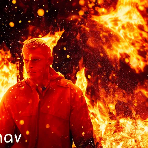 Image similar to man of fire on a snowy biome slowly melting snows, heatwave, 4 k photoshop, photorealistic, 1 0 0 m, sharp focus, bokeh, movie shot, cinematic perspective, studio shot