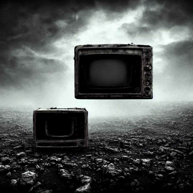 Prompt: symmetrical closeup portrait of surreal mysterious abandoned ribbed broken old crt monitor in the foreground, in wastelands on exoplanet at night, dark clouds, dark washed tint black, dream-like heavy atmosphere, centre composition, dark baroque painting, beautiful detailed intricate insanely detailed octane render trending on Artstation, 8K artistic photography, photorealistic, dramatic cinematic perfect light, harsh flash photography, chiaroscuro, award-winning photograph, masterpiece, Raphael, Caravaggio, Beksinski, Giger