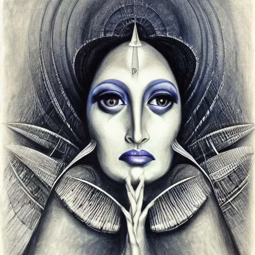 Image similar to Norma Desmond, pencil drawing. El Greco, Remedios Varo, Salvador Dali, Carl Gustav Carus, John Atkinson Grimshaw. Blue tint. Symetrical, logo, geometric shapes.