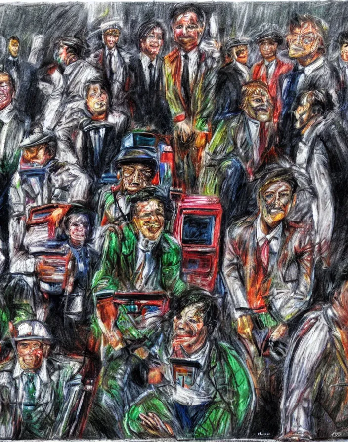 Image similar to 1970s midget street performers dressed in suits with cart tvs on their head, conteporary art show, photorealistic, expressionism, masterpiece, perfect composition, hyperrealistic, spectacular quality, intricate oil pastel glow, dynamic lighting, photorealistic, ambient lighting, atmospheric, stunning visuals, creative, cinematic, ultra detailed, trending on art station