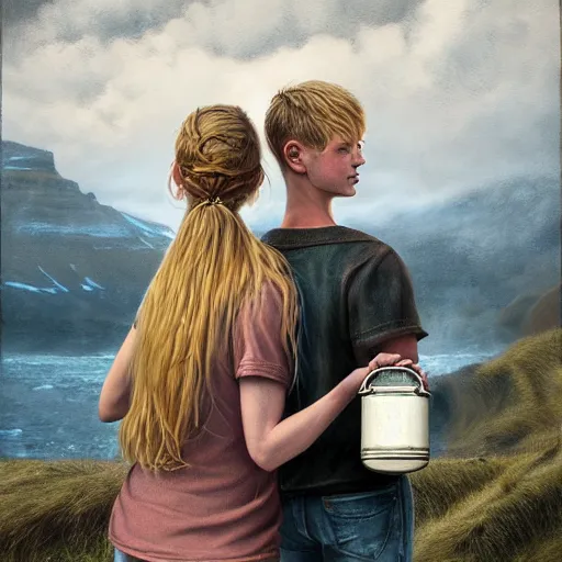 Image similar to a highly detailed portrait from behind of a young couple, holding a tin can, remote icelandic village, summer, jeans and t shirt, blonde hair, muted colors, hyper realistic, extremely realistic, realistic, by tom bagshaw, trending on artstation,