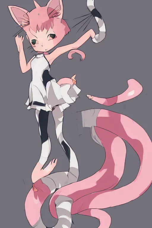 Image similar to muscular catgirl, nekomimi, athletic female form with cat ears and tail, graceful, flexible, wearing modest dress with pastel skirt