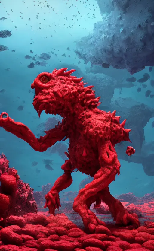Image similar to tenctacle monster made entirely out of red flesh, under the ocean, digital art, trending on artstation, highly detailed, 4 k, hd, epic composition, unreal octane render